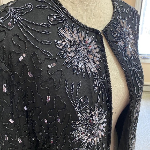 Vintage Silk Beaded Evening Jacket Sz Medium sequin 90s 80s Black - Picture 5 of 10